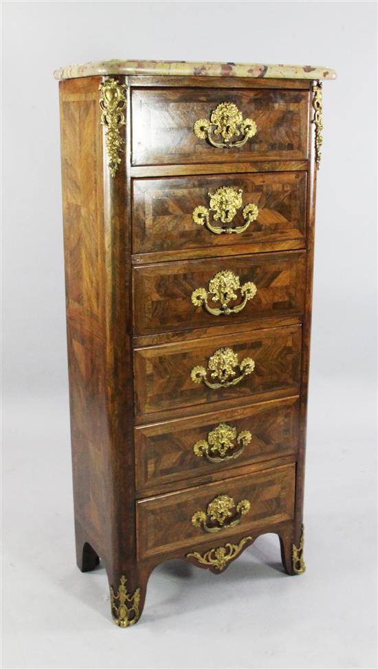 Late 19th / early 20th century French marble top and ormolu mounted parquetry rosewood chest 6 drawer(-)